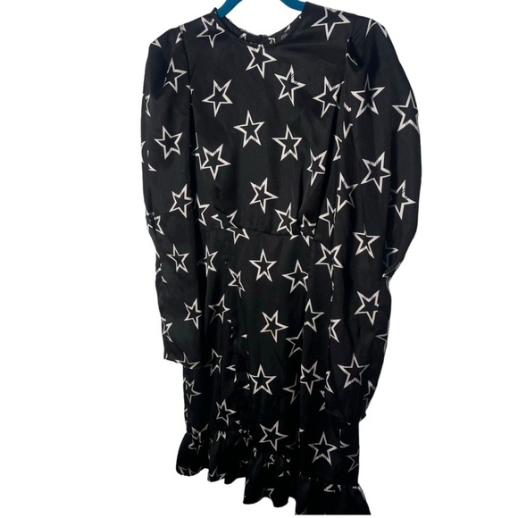 River Island Star Print Black 80's Retro Mini Dress Key hole back long sleeve - Picture 3 of 16